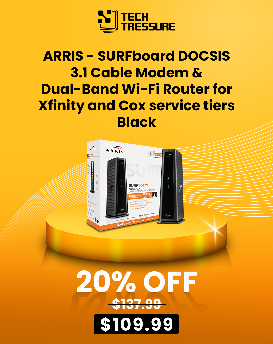 ARRIS - SURFboard DOCSIS 3.1 Cable Modem & Dual-Band Wi-Fi Router for Xfinity and Cox service tiers - Black