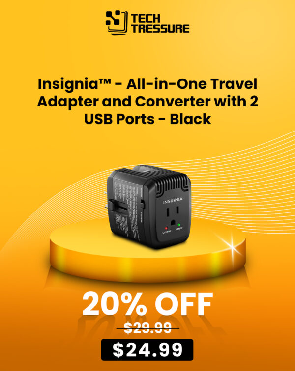 Insignia™ - All-in-One Travel Adapter and Converter with 2 USB Ports - Black