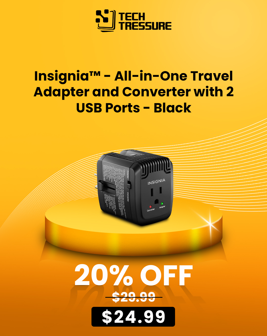 Insignia™ - All-in-One Travel Adapter and Converter with 2 USB Ports - Black