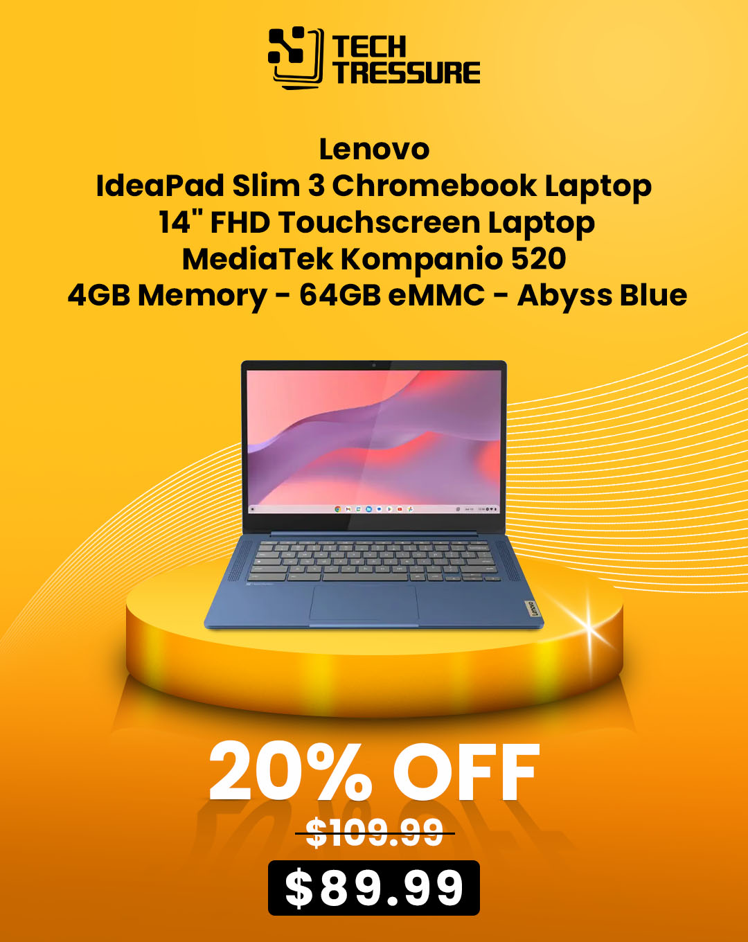 Lenovo - IdeaPad Slim 3 Chromebook Laptop - 14 FHD Touchscreen Laptop - MediaTek Kompanio 520 - 4GB Memory - 64GB eMMC - Abyss Blue